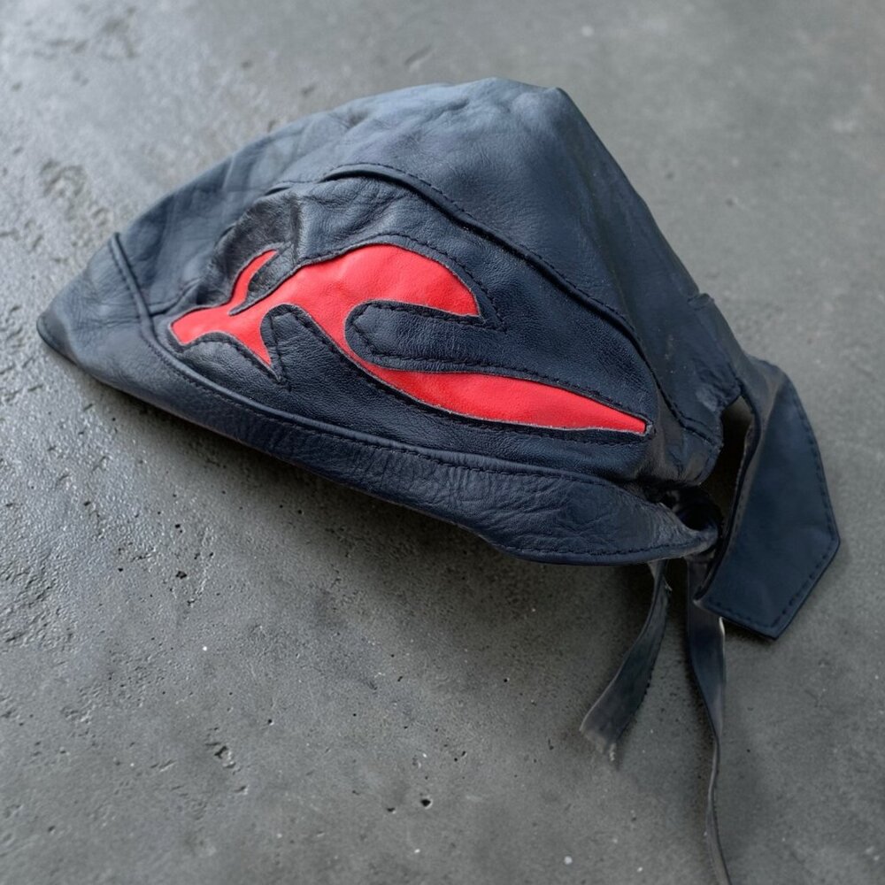 Black leather biker skull cap red flame